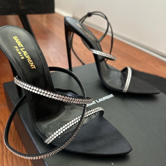 Saint Laurent crystal-embellished glossed-leather and silk high-heeled sandals - Picture 2 of 6